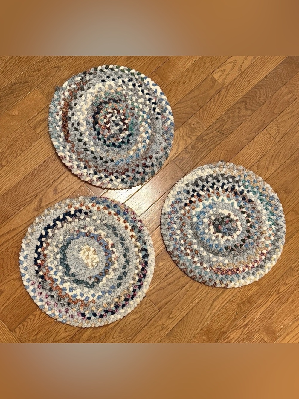 Vintage Country Farmhouse Braided 13.5" Round Placemat Trivet Set of 3 Grey Blue
